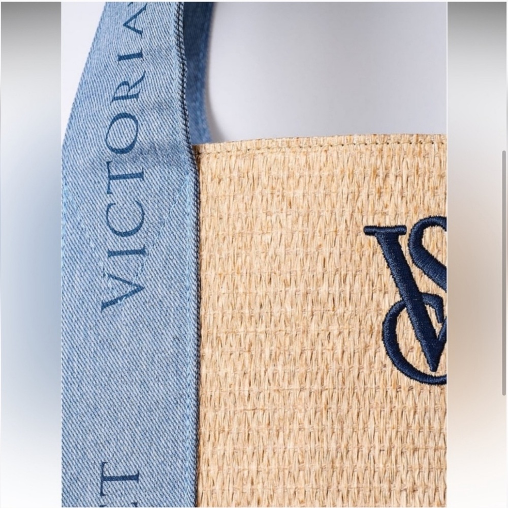 Victoria's Secret Canvas & Denim VS Logo Beach Tote, Tan & Blue - Picture 3 of 5